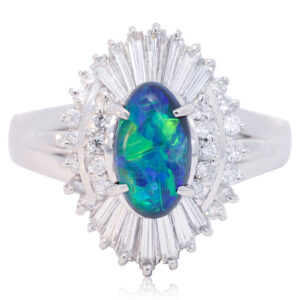 Platinum Blue Green Orange Solid Australian Black Opal and Diamond Engagement Ring