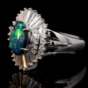 Platinum Blue Green Orange Solid Australian Black Opal and Diamond Engagement Ring