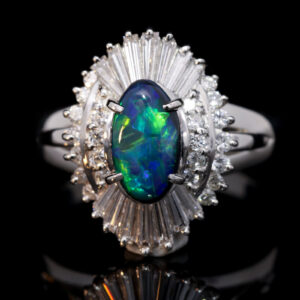 Platinum Blue Green Orange Solid Australian Black Opal and Diamond Engagement Ring