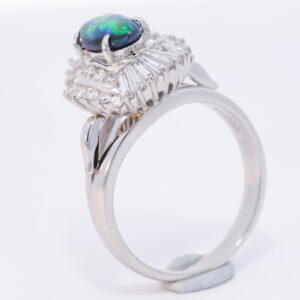 Platinum Blue Green Orange Solid Australian Black Opal and Diamond Engagement Ring