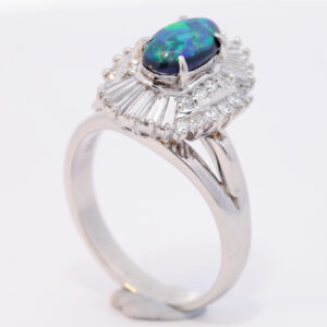 Platinum Blue Green Orange Solid Australian Black Opal and Diamond Engagement Ring