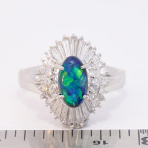 Platinum Blue Green Orange Solid Australian Black Opal and Diamond Engagement Ring