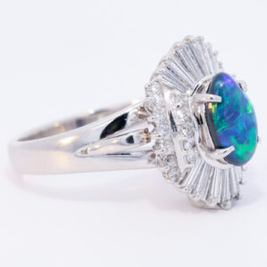 Platinum Blue Green Orange Solid Australian Black Opal and Diamond Engagement Ring