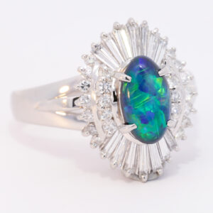 Platinum Blue Green Orange Solid Australian Black Opal and Diamond Engagement Ring