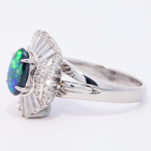 Platinum Blue Green Orange Solid Australian Black Opal and Diamond Engagement Ring