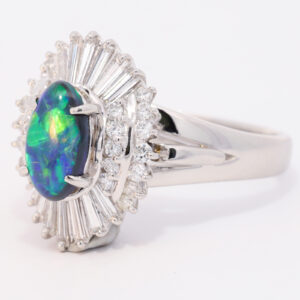 Platinum Blue Green Orange Solid Australian Black Opal and Diamond Engagement Ring