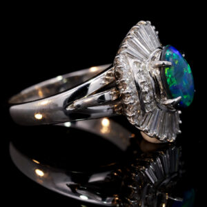 Platinum Blue Green Orange Solid Australian Black Opal and Diamond Engagement Ring