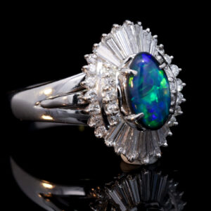 Platinum Blue Green Orange Solid Australian Black Opal and Diamond Engagement Ring