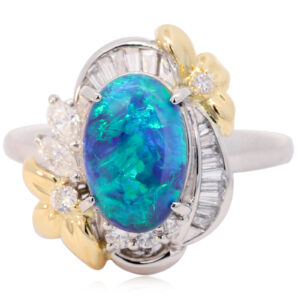 Platinum Yellow Gold Blue Green Solid Australian Black Opal and Diamond Engagement Ring