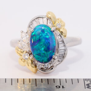 Platinum Yellow Gold Blue Green Solid Australian Black Opal and Diamond Engagement Ring