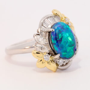 Platinum Yellow Gold Blue Green Solid Australian Black Opal and Diamond Engagement Ring