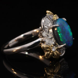 Platinum Yellow Gold Blue Green Solid Australian Black Opal and Diamond Engagement Ring