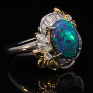 Platinum Yellow Gold Blue Green Solid Australian Black Opal and Diamond Engagement Ring