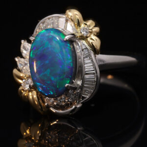 Platinum Yellow Gold Blue Green Solid Australian Black Opal and Diamond Engagement Ring