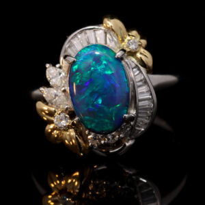 Platinum Yellow Gold Blue Green Solid Australian Black Opal and Diamond Engagement Ring