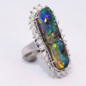 Platinum Blue Green Purple Orange Solid Australian Black Opal and Diamond Engagement Ring