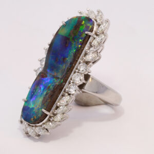 Platinum Blue Green Purple Orange Solid Australian Black Opal and Diamond Engagement Ring