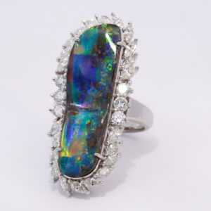 Platinum Blue Green Purple Orange Solid Australian Black Opal and Diamond Engagement Ring