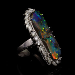 Platinum Blue Green Purple Orange Solid Australian Black Opal and Diamond Engagement Ring