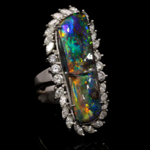 Platinum Blue Green Purple Orange Solid Australian Black Opal and Diamond Engagement Ring