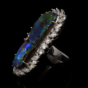 Platinum Blue Green Purple Orange Solid Australian Black Opal and Diamond Engagement Ring