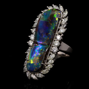 Platinum Blue Green Purple Orange Solid Australian Black Opal and Diamond Engagement Ring