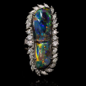 Platinum Blue Green Purple Orange Solid Australian Black Opal and Diamond Engagement Ring