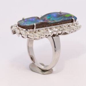 Platinum Blue Green Purple Orange Solid Australian Black Opal and Diamond Engagement Ring