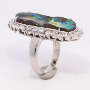 Platinum Blue Green Purple Orange Solid Australian Black Opal and Diamond Engagement Ring