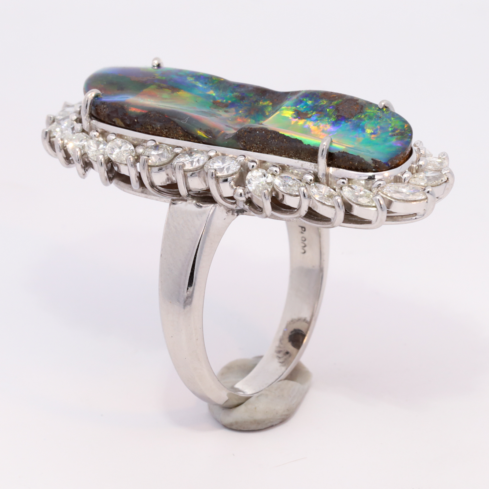 Platinum Blue Green Purple Orange Solid Australian Black Opal and Diamond Engagement Ring