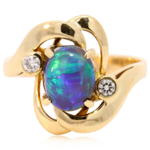 Yellow Gold Blue Green Purple Solid Australian Black Opal and Diamond Engagement Ring