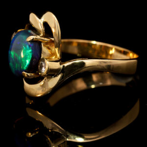 Yellow Gold Blue Green Purple Solid Australian Black Opal and Diamond Engagement Ring