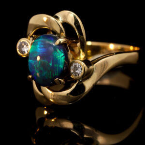 Yellow Gold Blue Green Purple Solid Australian Black Opal and Diamond Engagement Ring