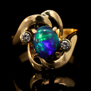 Yellow Gold Blue Green Purple Solid Australian Black Opal and Diamond Engagement Ring