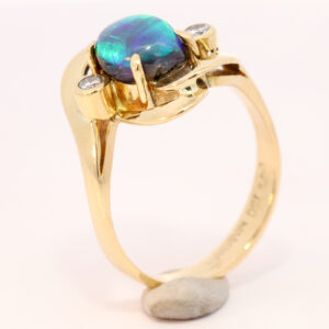 Yellow Gold Blue Green Purple Solid Australian Black Opal and Diamond Engagement Ring