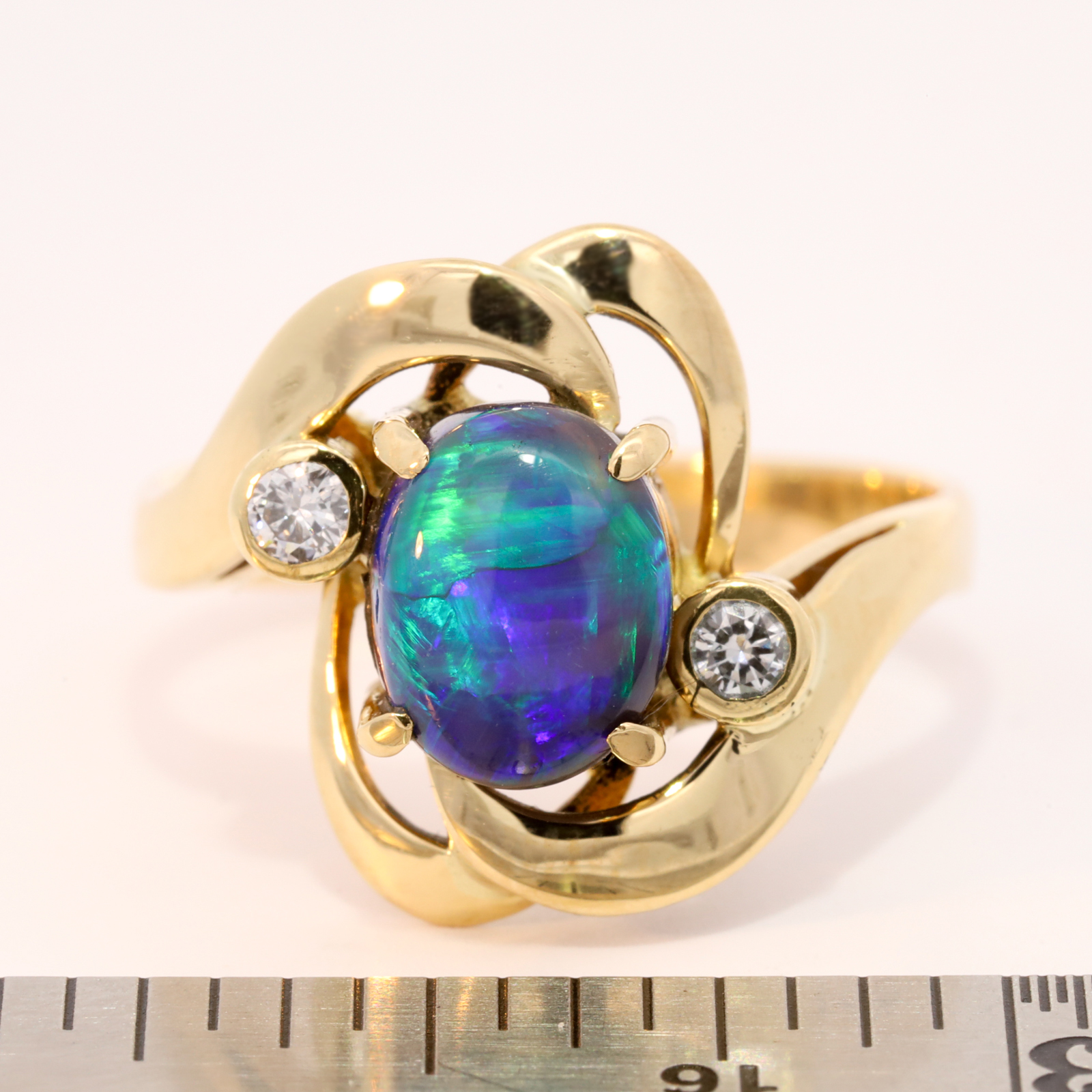 Yellow Gold Blue Green Purple Solid Australian Black Opal and Diamond Engagement Ring