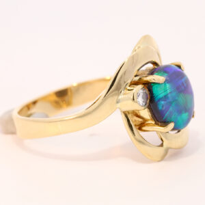 Yellow Gold Blue Green Purple Solid Australian Black Opal and Diamond Engagement Ring