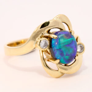 Yellow Gold Blue Green Purple Solid Australian Black Opal and Diamond Engagement Ring