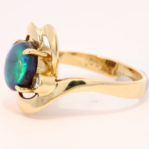 Yellow Gold Blue Green Purple Solid Australian Black Opal and Diamond Engagement Ring