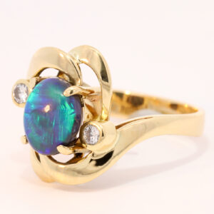 Yellow Gold Blue Green Purple Solid Australian Black Opal and Diamond Engagement Ring