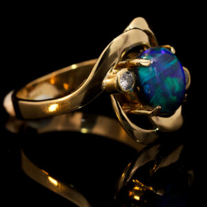 Yellow Gold Blue Green Purple Solid Australian Black Opal and Diamond Engagement Ring