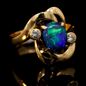 Yellow Gold Blue Green Purple Solid Australian Black Opal and Diamond Engagement Ring