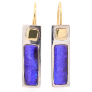 Sterling Silver and 18k Yellow Gold Blue Purple Solid Australian Boulder Opal Earrings