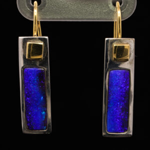 Sterling Silver and 18k Yellow Gold Blue Purple Solid Australian Boulder Opal Earrings