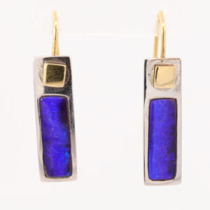 Sterling Silver and 18k Yellow Gold Blue Purple Solid Australian Boulder Opal Earrings