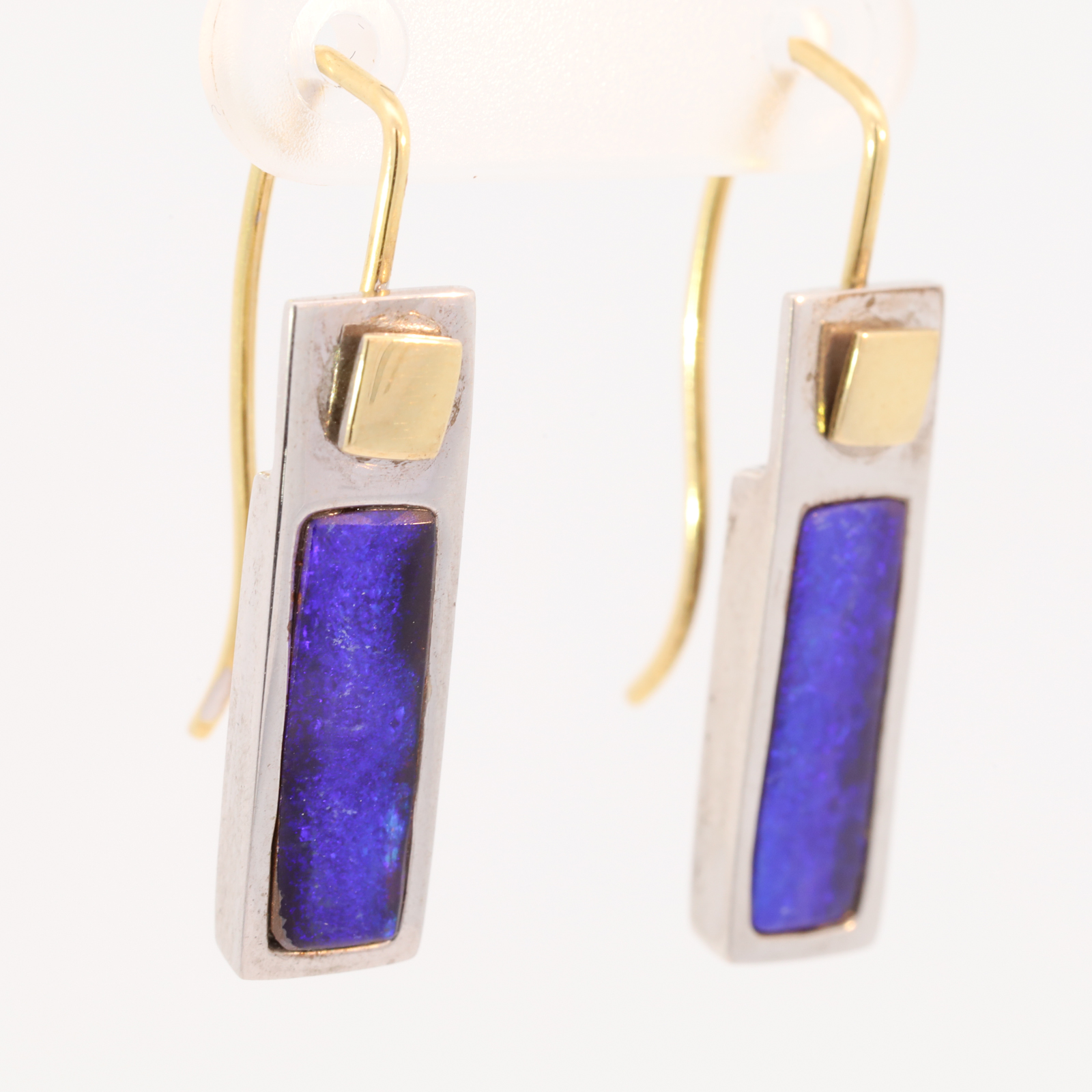 Sterling Silver and 18k Yellow Gold Blue Purple Solid Australian Boulder Opal Earrings
