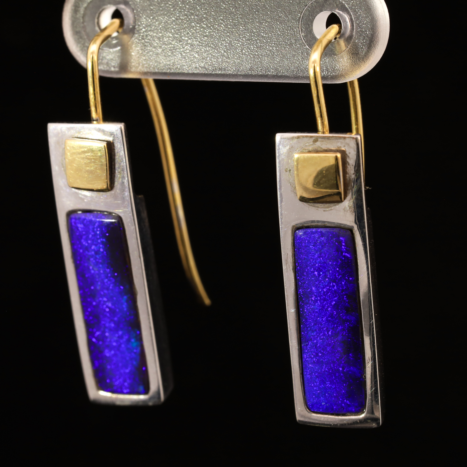 Sterling Silver and 18k Yellow Gold Blue Purple Solid Australian Boulder Opal Earrings