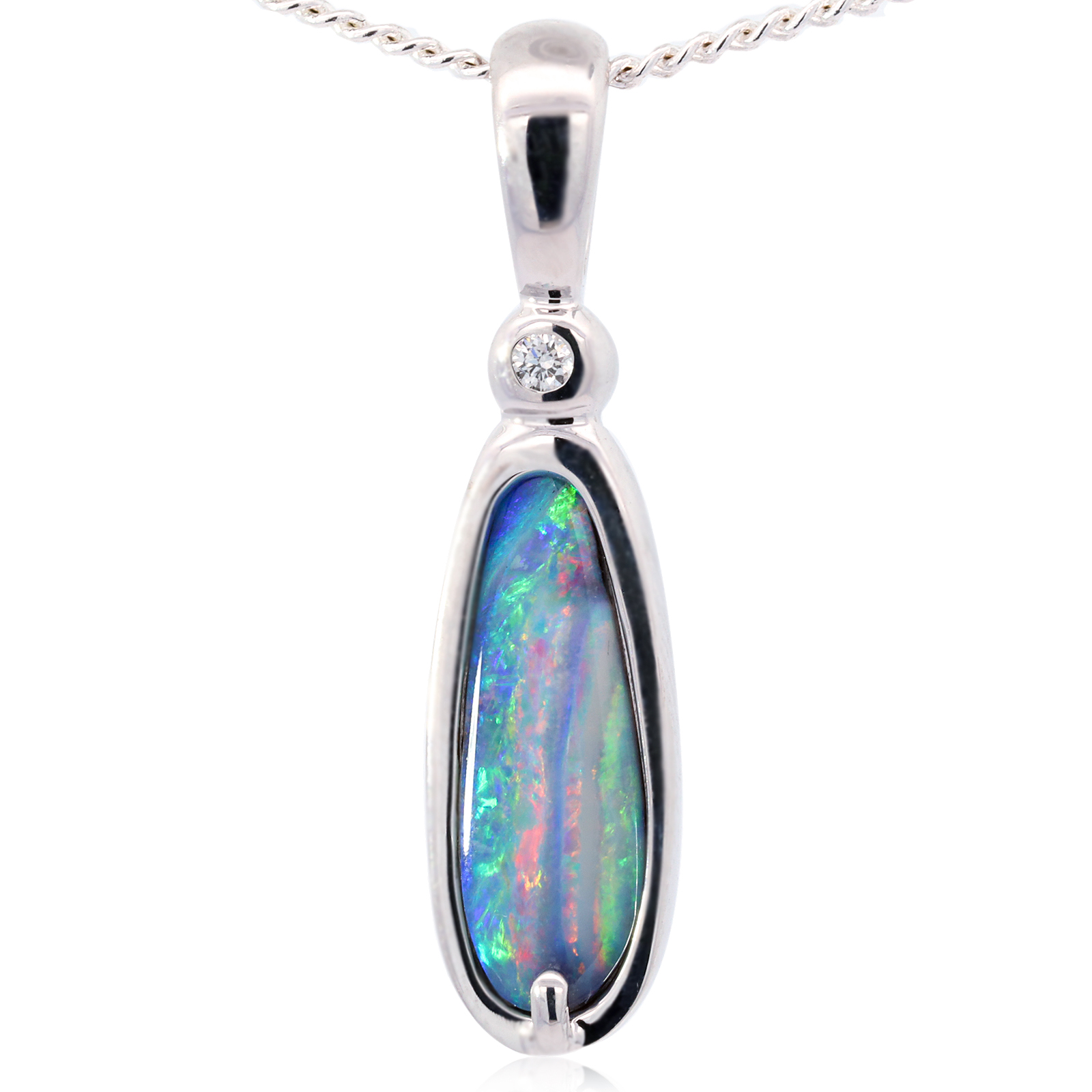 White Gold Blue Green Pink Solid Australian Boulder Opal Necklace Pendant with Diamond