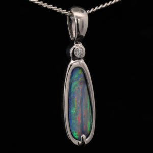 White Gold Blue Green Pink Solid Australian Boulder Opal Necklace Pendant with Diamond