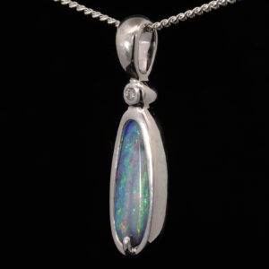 White Gold Blue Green Pink Solid Australian Boulder Opal Necklace Pendant with Diamond